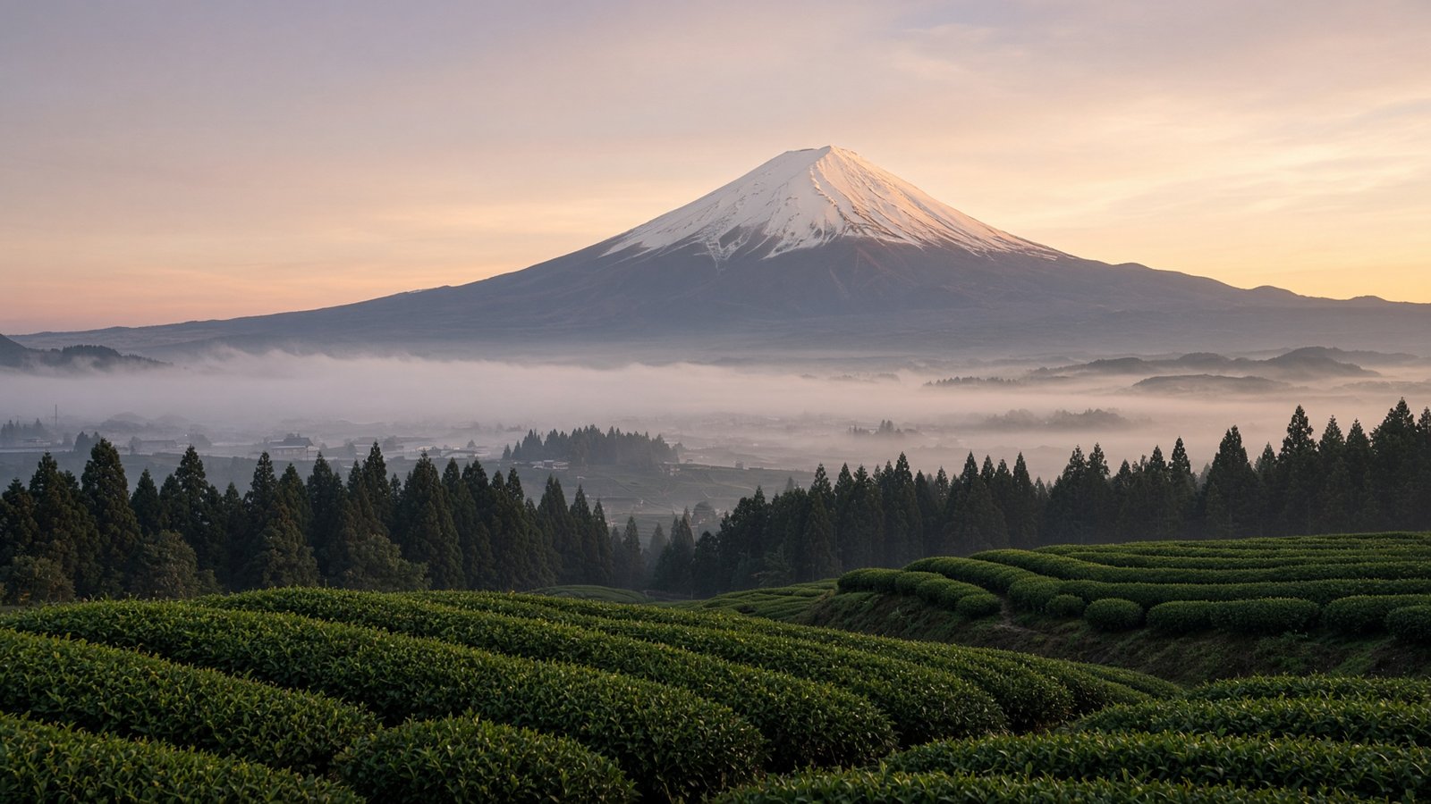 裾野市近郊から望む朝の富士山と茶畑