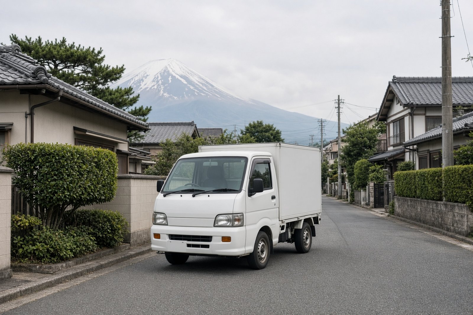 静岡の住宅街を走る収集運搬のトラック。遠景に富士山